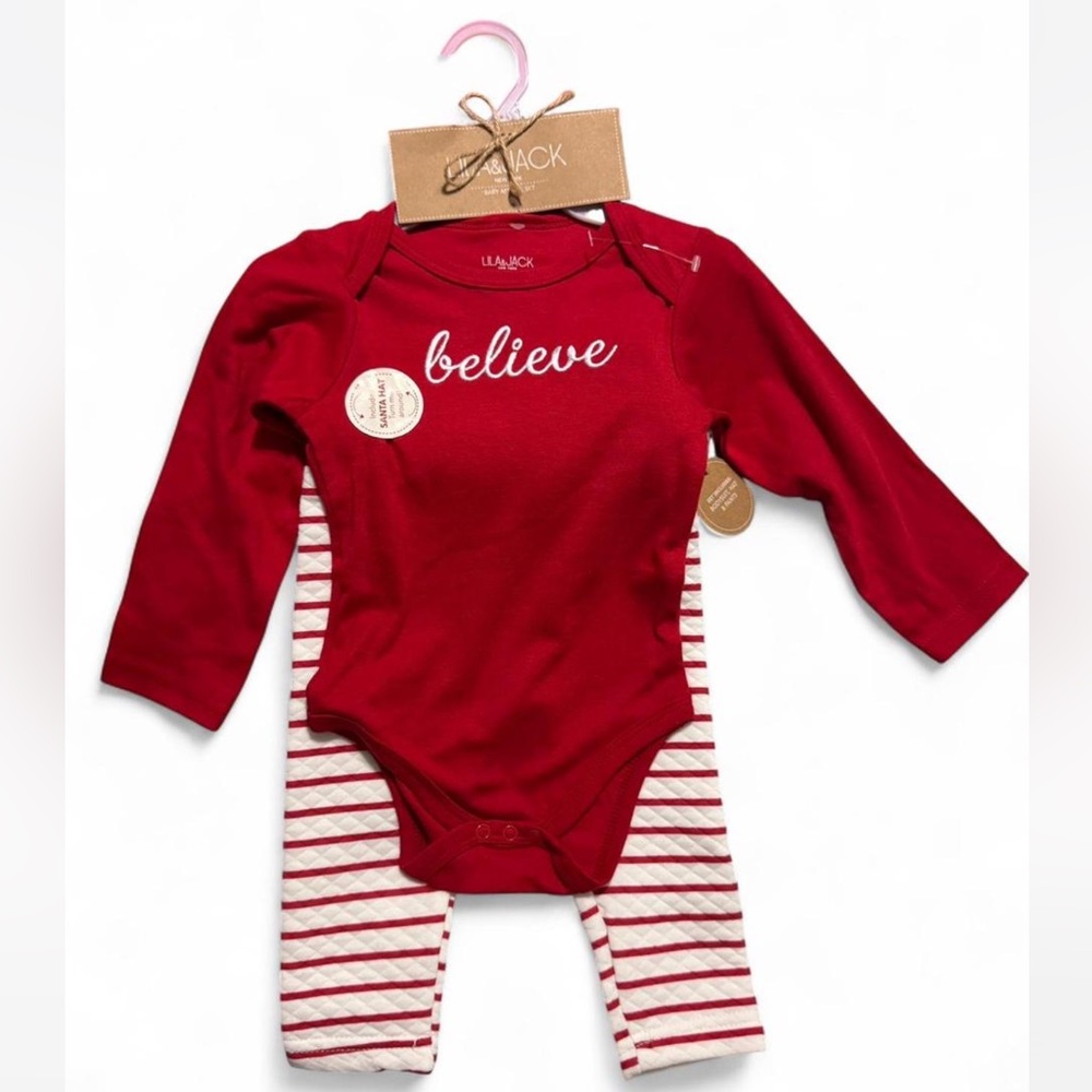NWT Little & Jack Baby Girl Christmas Bodysuit& Striped PantsSet size 12-18 M